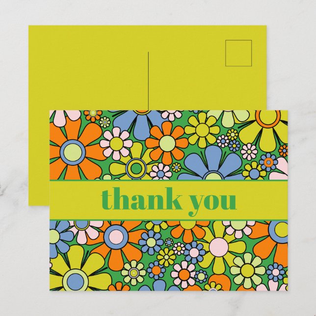 Groovy Retro Floral Colourful 60s 70s Thank You Postcard (Front/Back)