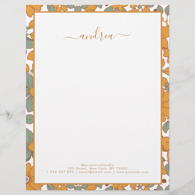 Groovy Retro Floral & Custom Business Name Hippie Letterhead (Front)