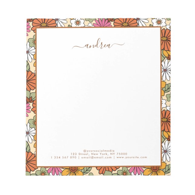 Groovy Retro Floral & Custom Business Script Name  Notepad (Front)