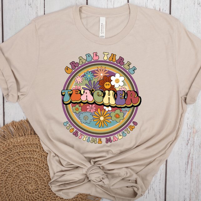 Groovy Retro Floral Daisy Grade Three Teacher Name T-Shirt (Creator Uploaded)