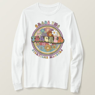 Groovy Retro Floral Daisy Grade Two Teacher Name T-Shirt