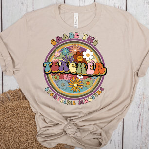 Groovy Retro Floral Daisy Grade Two Teacher Name T-Shirt