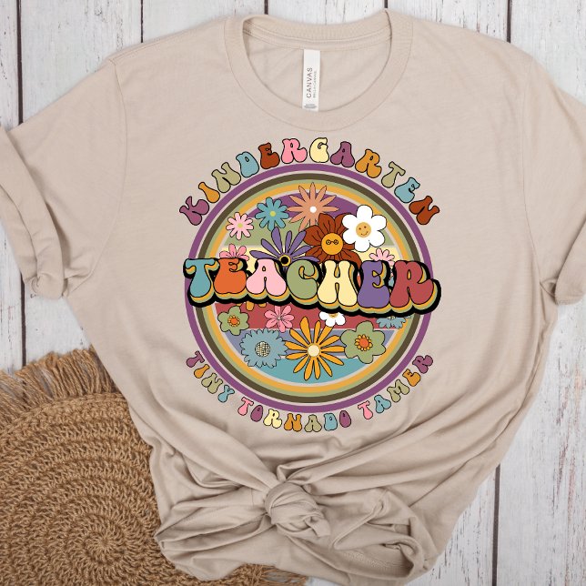 Groovy Retro Floral Kindergarten Teacher Name T-Shirt (Creator Uploaded)