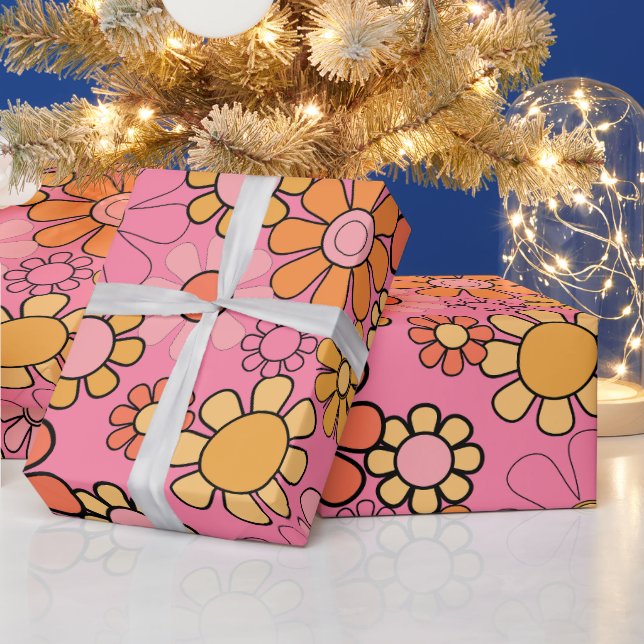 Groovy Retro Floral Pattern 60s 70s Pink Whimsical Wrapping Paper (Holidays)