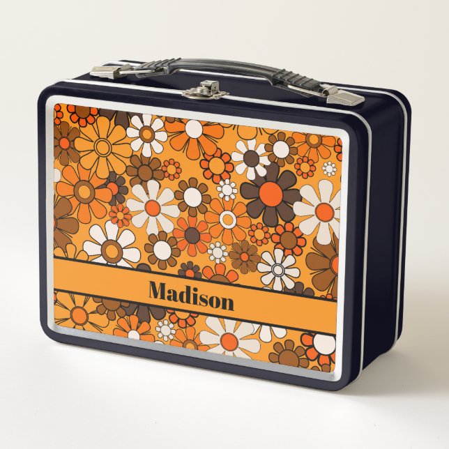 Groovy Retro Floral Pattern 70s Personalised Metal Lunch Box (Front)