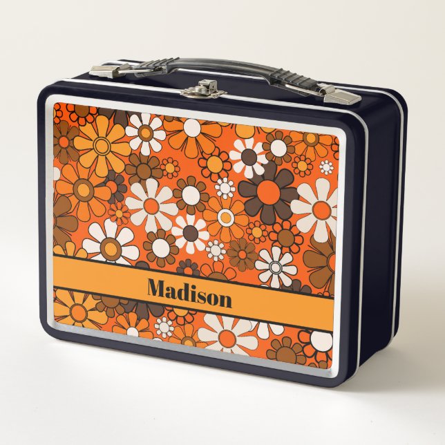 Groovy Retro Floral Pattern 70s Personalised Metal Lunch Box (Front)