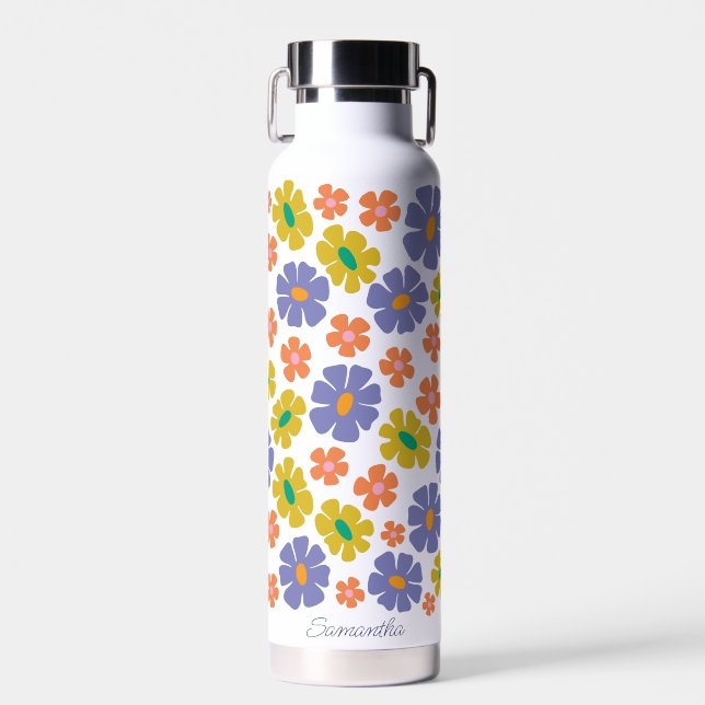 Groovy Retro Floral Pattern Water Bottle (Front)