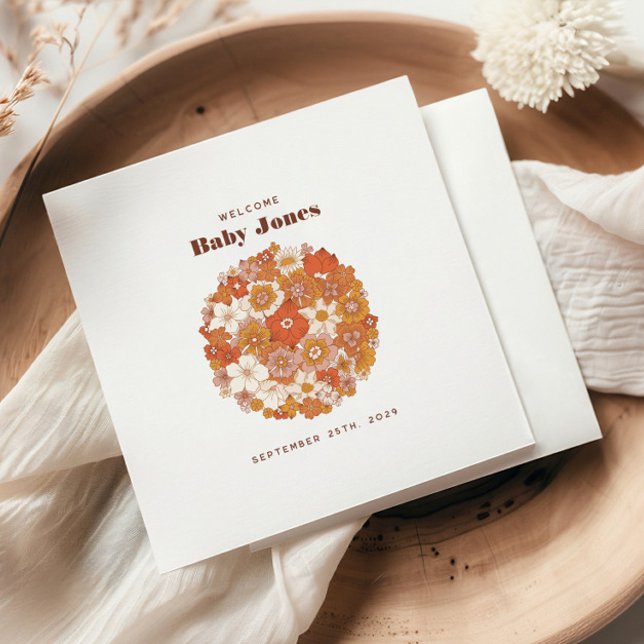 Groovy Retro Floral Pink Orange Baby Shower Napkin (Creator Uploaded)