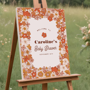 Groovy Retro Floral Pink Orange Baby Shower Sign