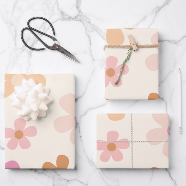 Groovy Retro Floral Wrapping Paper Sheet (Front)