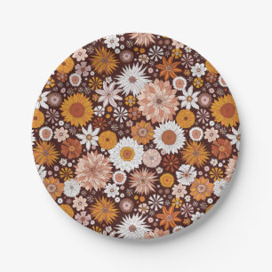 Groovy Retro Flower Garden Pattern Paper Plate