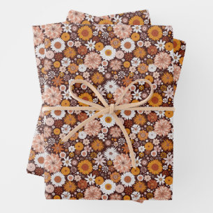 Groovy Retro Flower Garden Pattern Wrapping Paper Sheet