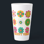 Groovy Retro Flower Large Latte Mug<br><div class="desc">A vibrant large latte mug featuring a 3×3 grid of retro flowers in bold pink, yellow, orange, green, and blue, paired with the cheerful phrase Groovy Vibes. Its playful 70s‑inspired aesthetic brings color and positivity to morning routines, cozy breaks, and thoughtful gifting. Perfect for women who love nostalgic florals, upbeat...</div>