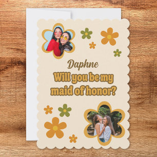 Groovy Retro Flowers Maid of Honour Proposal Photo Card