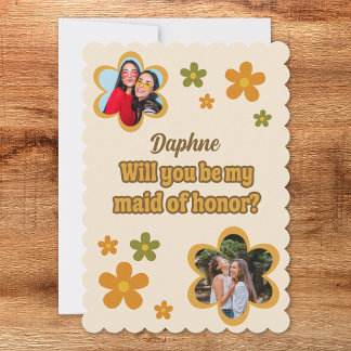 Groovy Retro Flowers Maid of Honour Proposal Photo Card