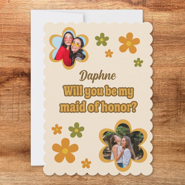Groovy Retro Flowers Maid of Honour Proposal Photo Card (Creator Uploaded)