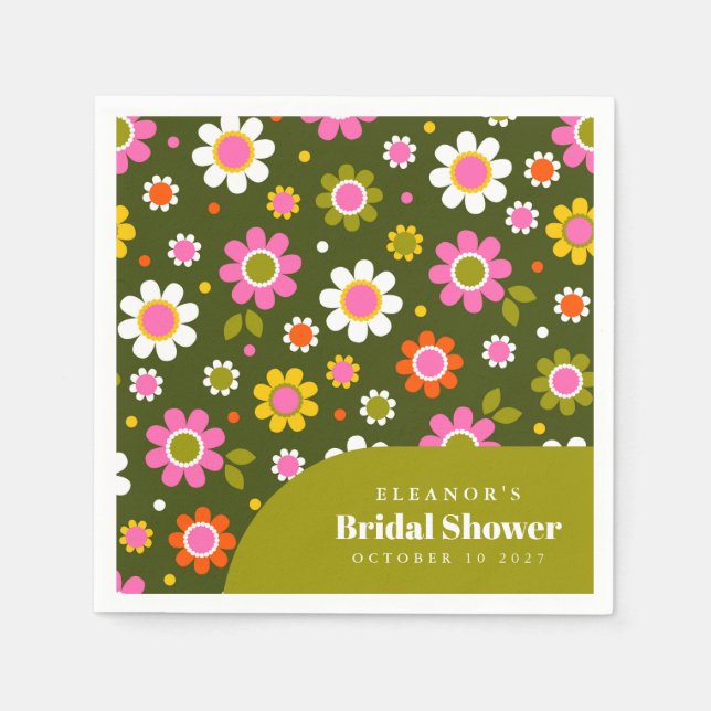 Groovy Retro Flowers Olive Bridal Shower Custom Na Napkin (Front)