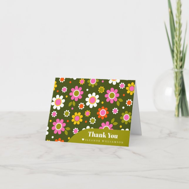 Groovy Retro Flowers Olive Bridal Shower Custom Thank You Card (Front)