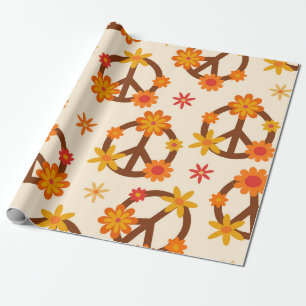 Groovy Retro Flowers on Peace and Love Signs  Wrapping Paper