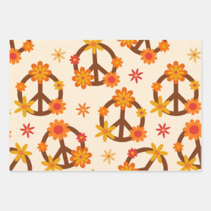 Groovy Retro Flowers on Peace and Love Signs Wrapping Paper Sheet