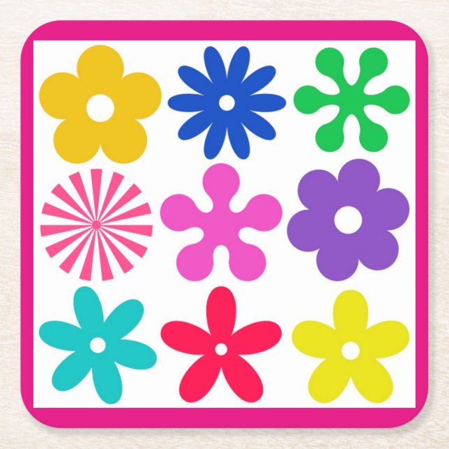 GROOVY RETRO FLOWERS SQUARE PAPER COASTER (Front)