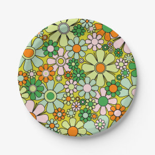 Groovy Retro Garden 60s 70s Spring Floral Pattern Paper Plate