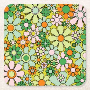 Groovy Retro Garden 60s 70s Spring Floral Pattern Square Paper Coaster