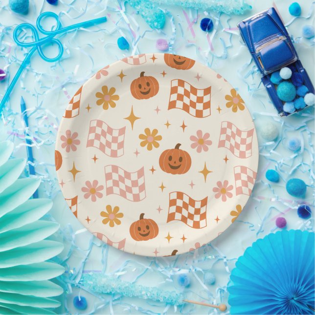 Groovy Retro Halloween Chequerboard Paper Plates (Party)