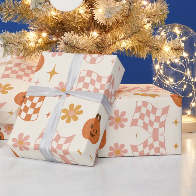 Groovy Retro Halloween Chequerboard Wrapping Paper (Holidays)