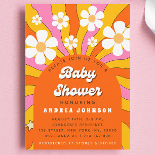 Groovy Retro Hippie Arch Daisy Floral Baby Shower Invitation