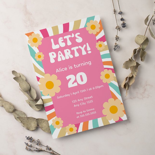 Groovy Retro Hippie Daisy Pink 20th Birthday Invitation (Creator Uploaded)