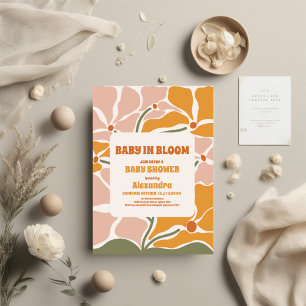 Groovy Retro Hippie Floral Pink Orange Baby Shower Invitation