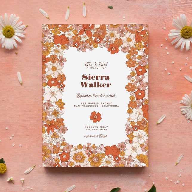 Groovy Retro Hippie Floral Pink Orange Baby Shower Invitation (Creator Uploaded)