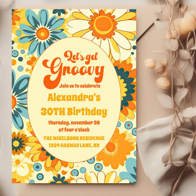 Groovy Retro Hippie Floral Yellow Orange  Birthday Invitation (Creator Uploaded)