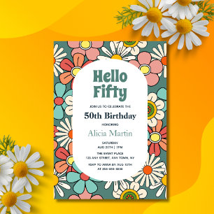 Groovy Retro Hippie Flower Hello Fifty Birthday  Invitation