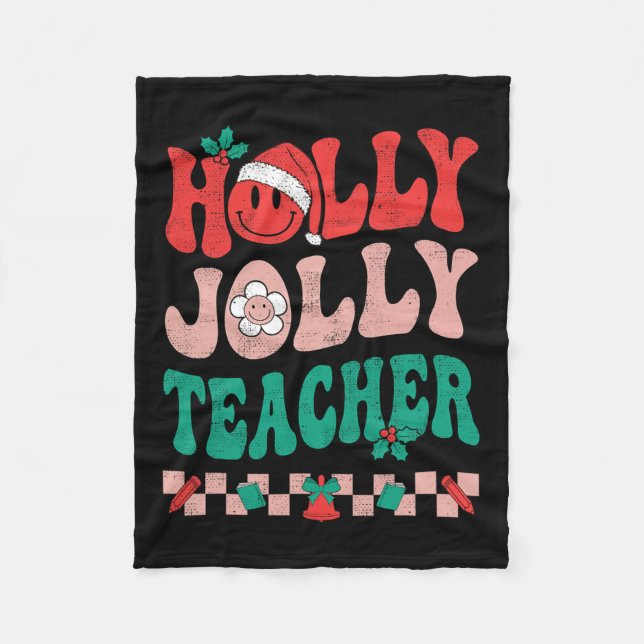 Groovy Retro Holly Xmas Jolly Teacher Christmas Vi Fleece Blanket (Front)