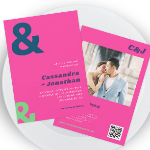 Groovy Retro Hot Pink Ampersand QR Code Wedding    Invitation