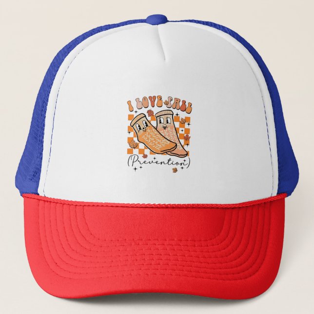 Groovy Retro I Love Fall Prevention Funny  Trucker Hat (Front)