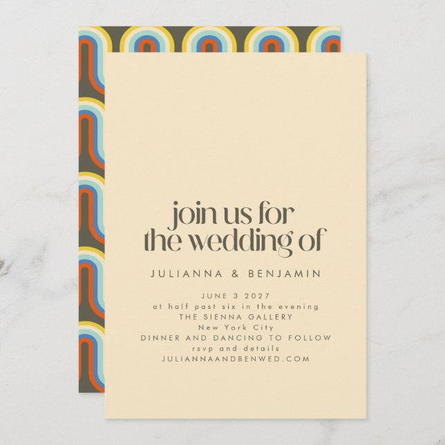 Groovy Retro Mod 70s Aesthetic Olive Green Wedding Invitation (Front/Back)