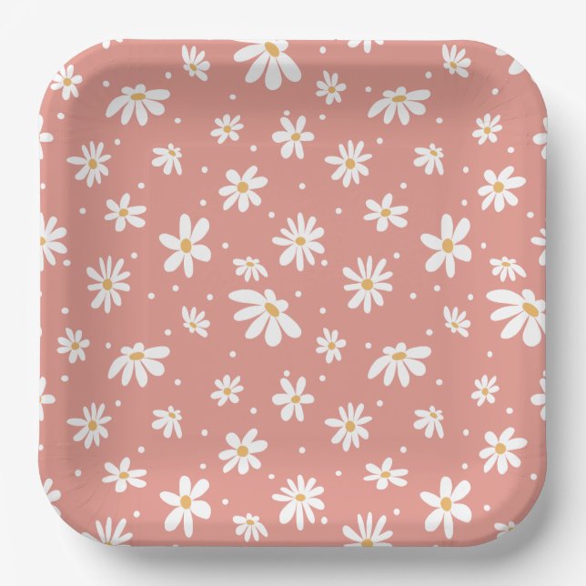 Groovy Retro Mod Hippie 60s 70s Daisy Flowers Pink Paper Plate (Front)