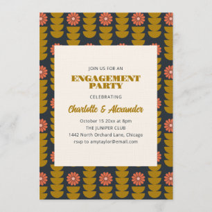 Groovy Retro Navy Blue Botanical Engagement Party Invitation
