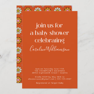 Groovy Retro Orange 70s Flowers Baby Shower  Invitation
