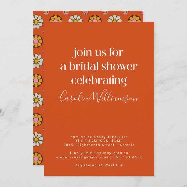 Groovy Retro Orange 70s Flowers Bridal Shower Invitation (Front/Back)