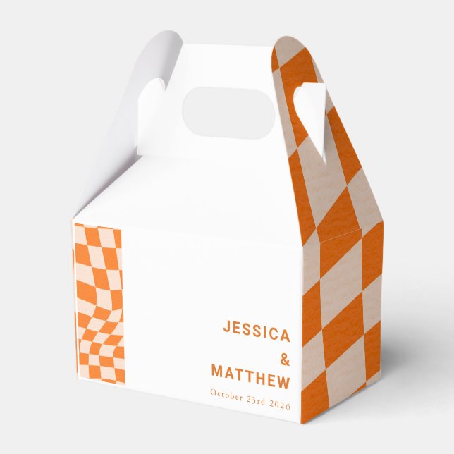 Groovy Retro Orange Abstract Check Wedding Custom  Favour Box (Front Side)