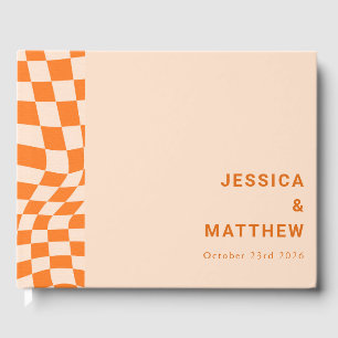 Groovy Retro Orange Abstract Check Wedding Custom Guest Book