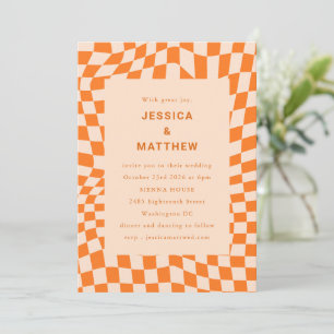 Groovy Retro Orange Abstract Chequerboard Wedding Invitation