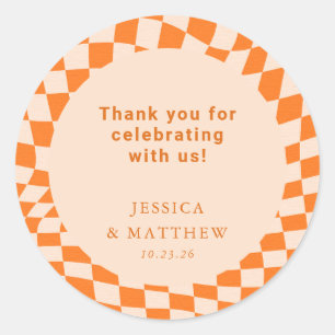 Groovy Retro Orange Check Wedding Custom Thank You Classic Round Sticker