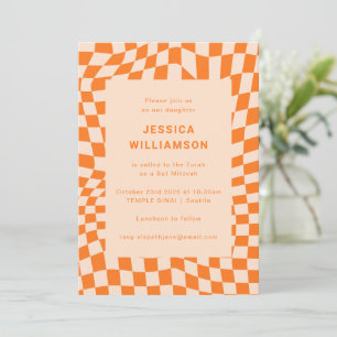 Groovy Retro Orange Chequerboard Bat Mitzvah Invitation