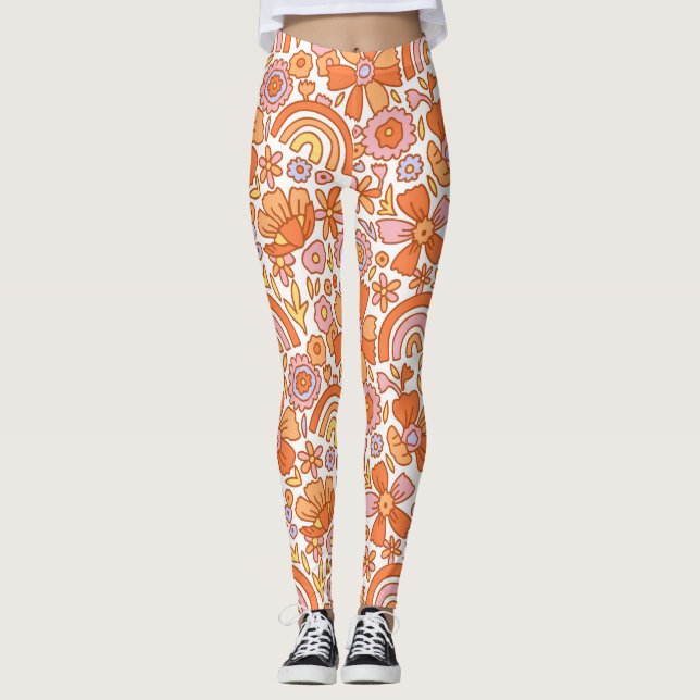  Groovy Retro Orange Florals  Leggings (Front)