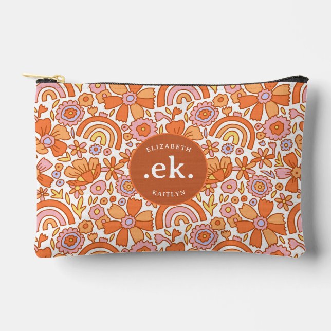  Groovy Retro Orange Florals Monogram Accessory Pouch (Front)